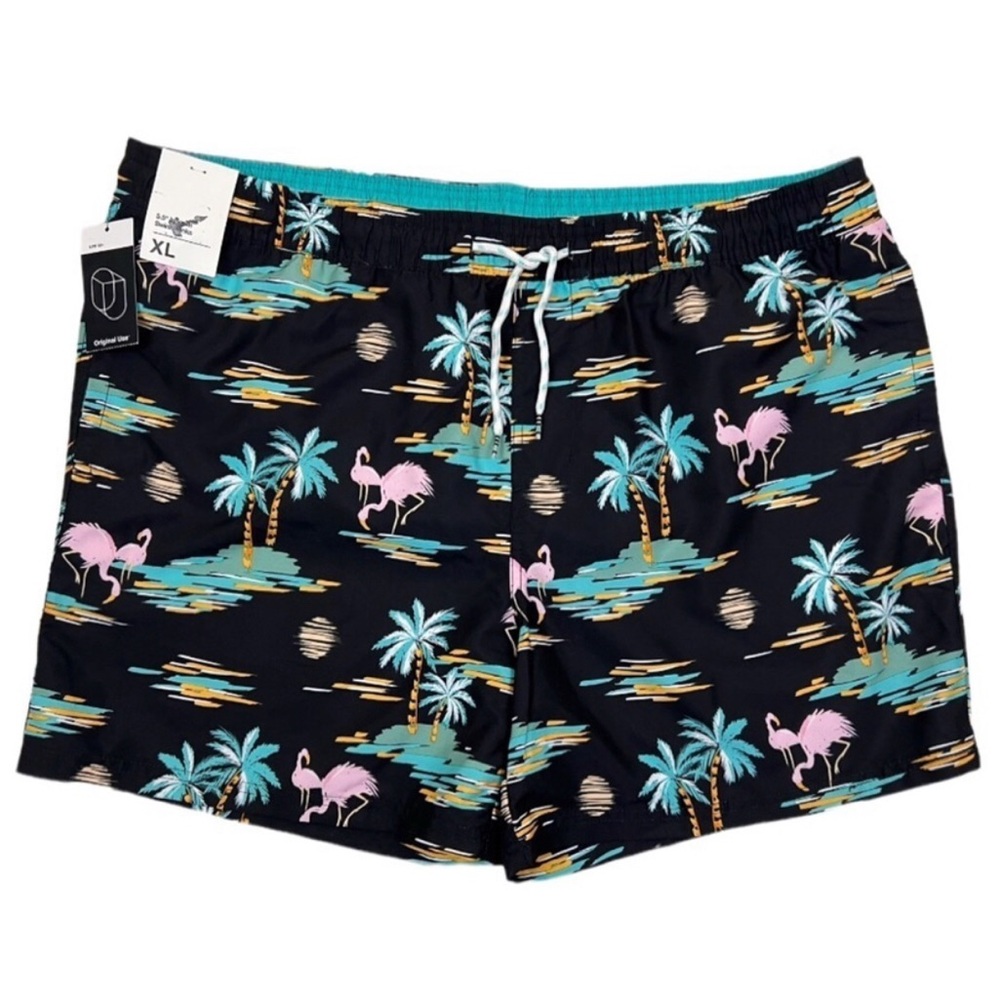 NWT Mens Flamingo Palm Tree Print Swim Trunks Black Pink Green XL